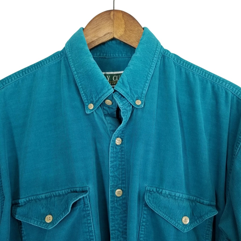 Vintage Ivy Club Classics Mens L Teal Blue Corduroy Button‎ Down Shirt Outdoors